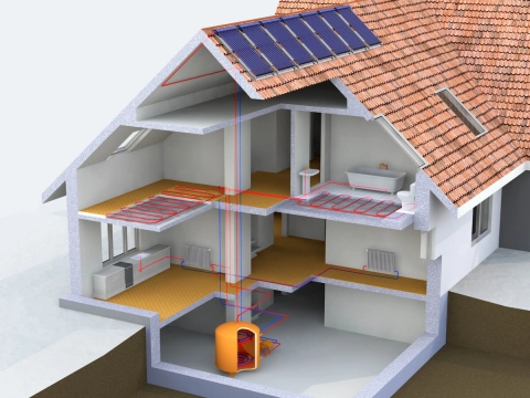 Das Schaubild zeigt die Funktion einer Solarthermie-Anlage.